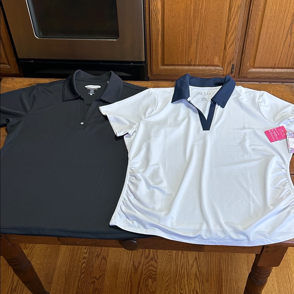 Pair Black and White with navy collar, golf Polo Shirts XL